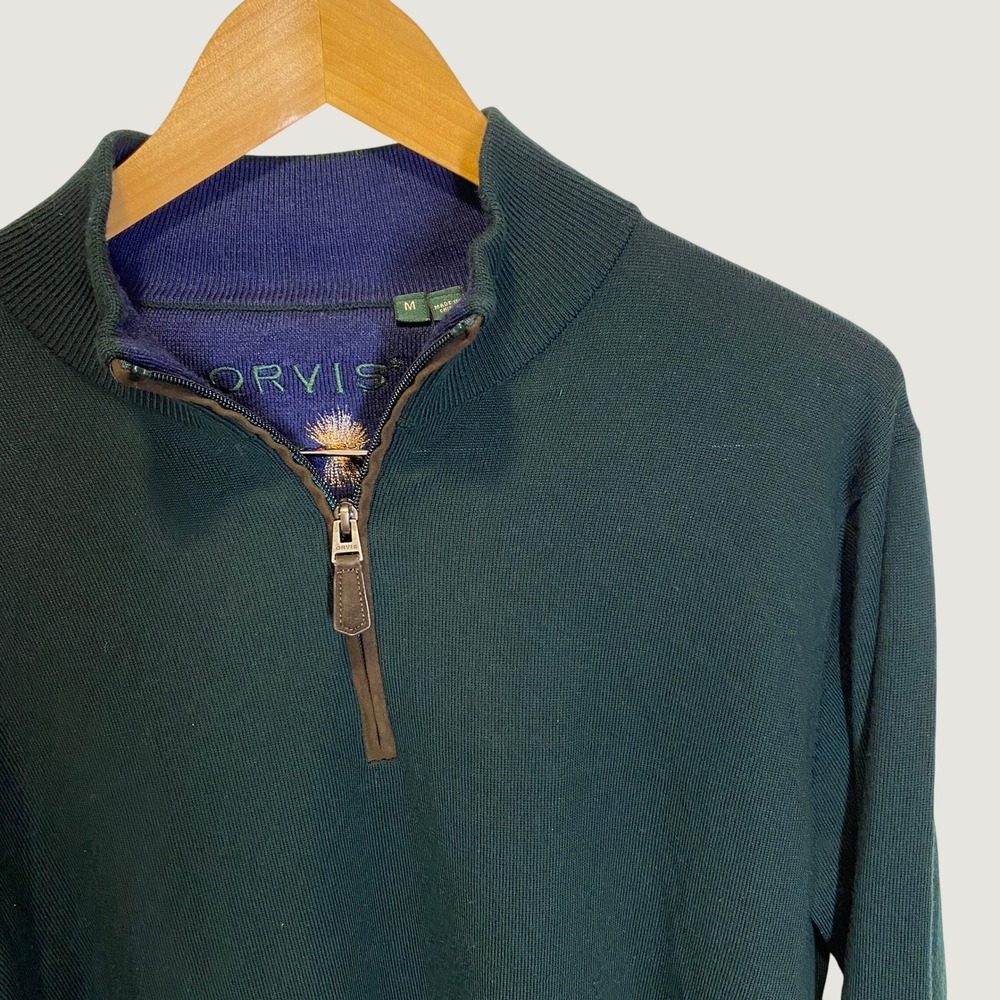Orvis Pullover Sweater Mens M Green Merino Wool Quarter Zip Fly Fishing